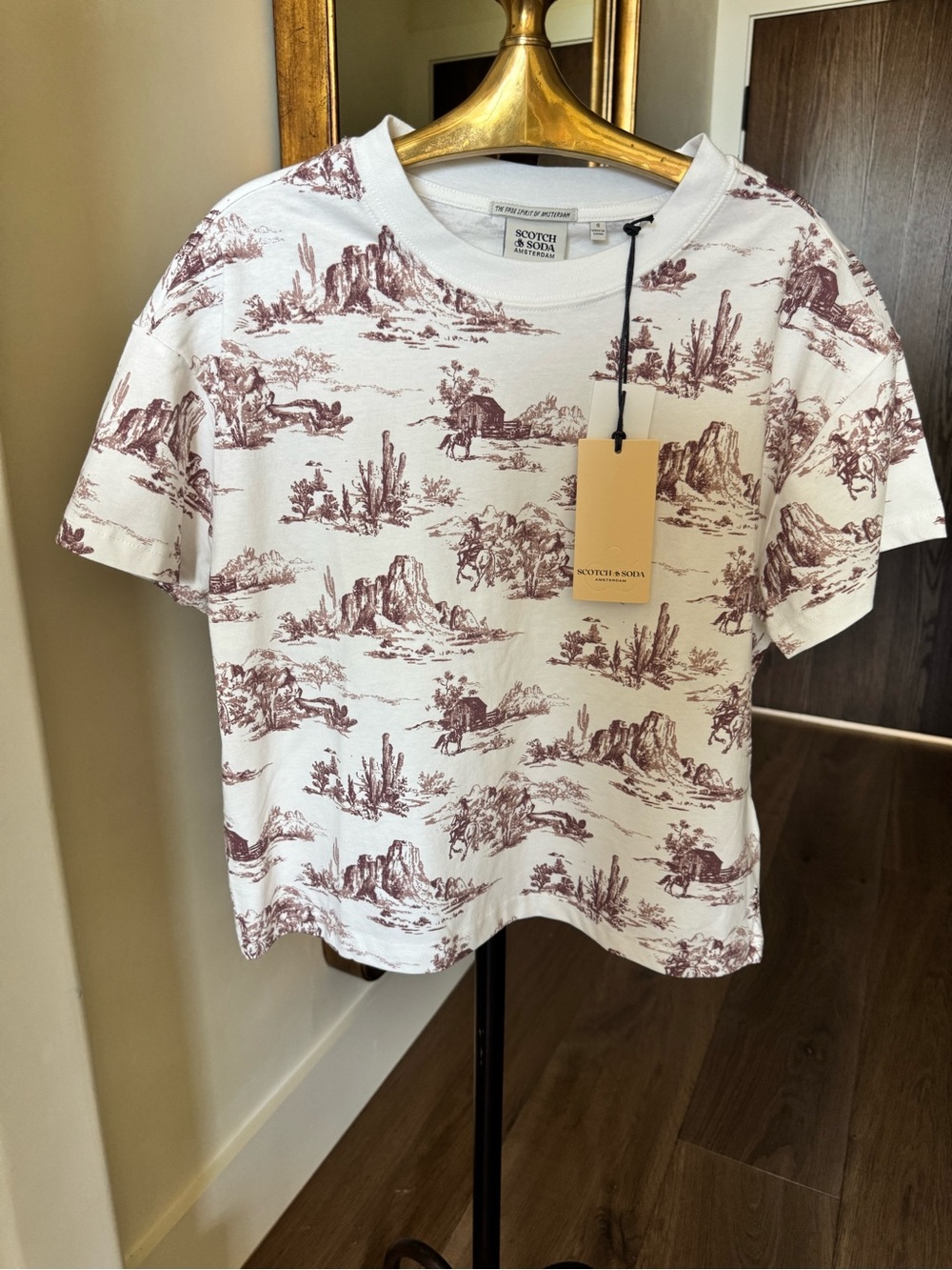 Scotch & Soda Kids Cream Tee with Maroon Scenic Toile Print
